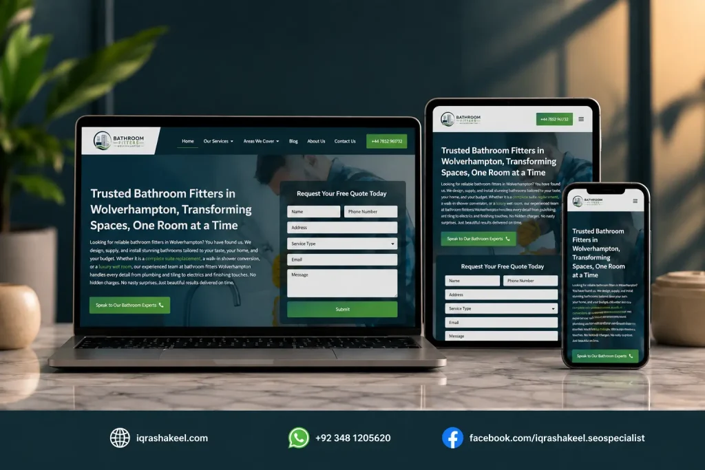 Responsive WordPress website design for Bathroom Fitters Wolverhampton displayed on laptop, tablet, and mobile devices, showcasing a modern business website with a lead generation contact form.