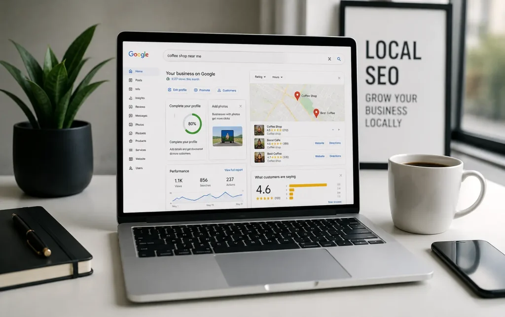 Professional local SEO dashboard showing Google Business optimization and local search visibility.