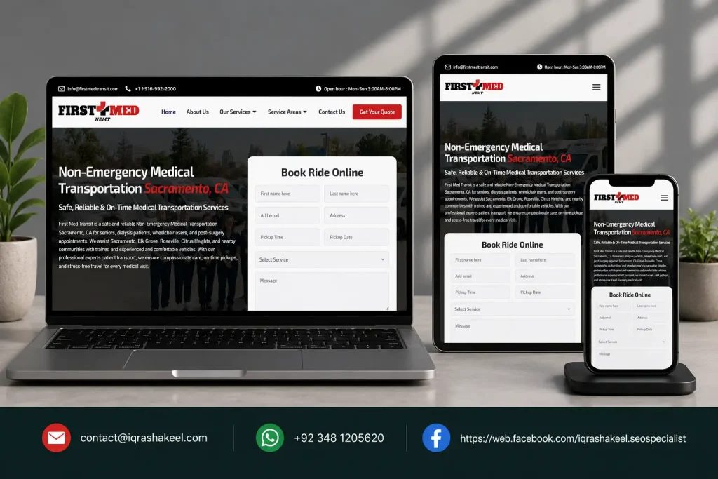 Responsive non-emergency medical transportation website displayed on laptop, tablet, and mobile with an appointment booking form.