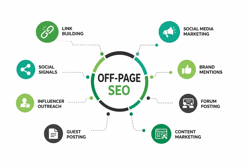 Off-page SEO diagram showing link building, guest posting, content marketing, and brand mentions.