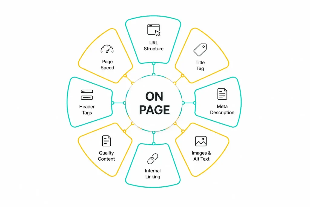 On-page SEO optimization chart highlighting essential website optimization factors.