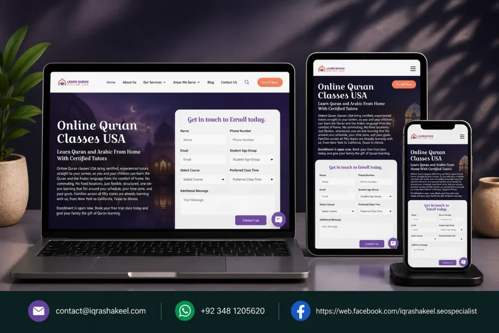 Responsive online Quran learning website displayed on desktop, tablet, and mobile featuring enrollment forms and educational content.