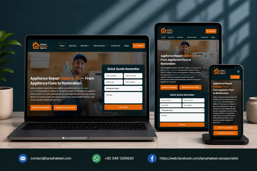 Responsive appliance repair website showcased on laptop, tablet, and smartphone with an online quote form and service information.