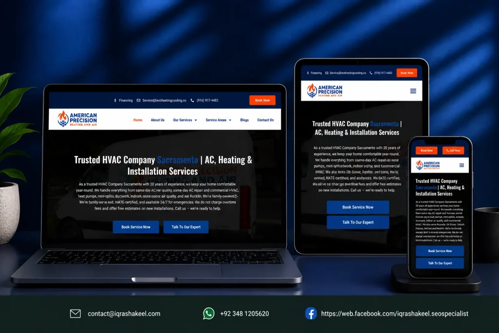 Modern HVAC company website displayed across desktop, tablet, and mobile devices with a clean layout, service pages, and customer booking interface.