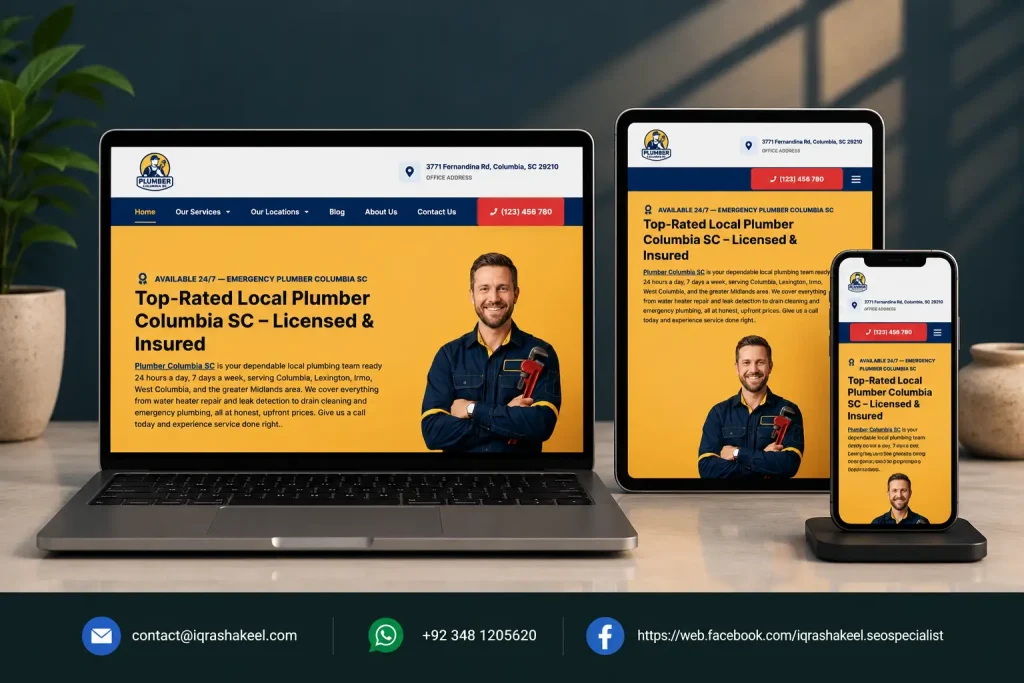 Local plumbing business website previewed on multiple devices featuring emergency plumbing services and a professional homepage.