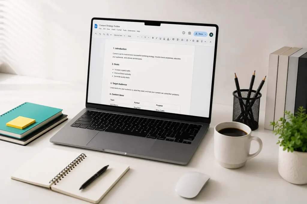 Professional content writing workspace with laptop displaying a structured content document.