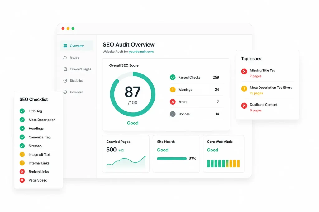 SEO audit dashboard displaying website health score, technical issues, and optimization checklist.