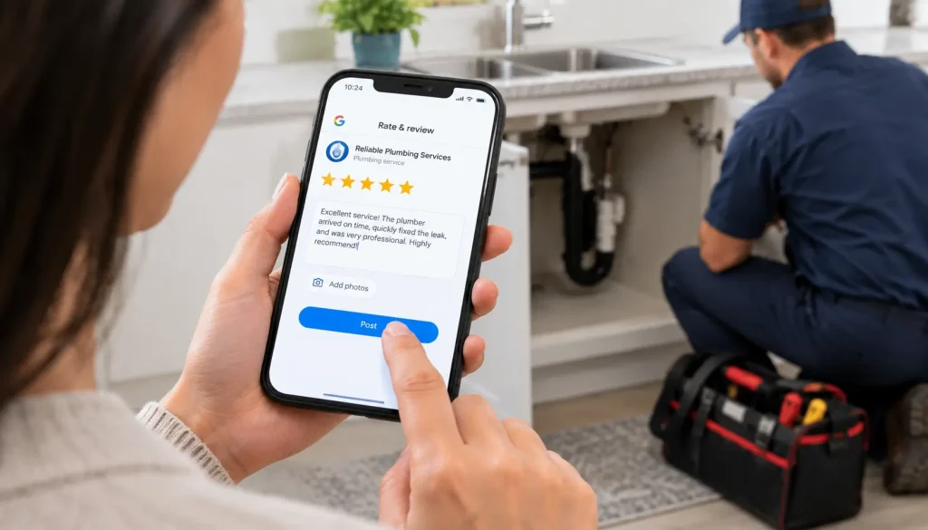 Homeowner leaving a five star review for a local plumber after a repair