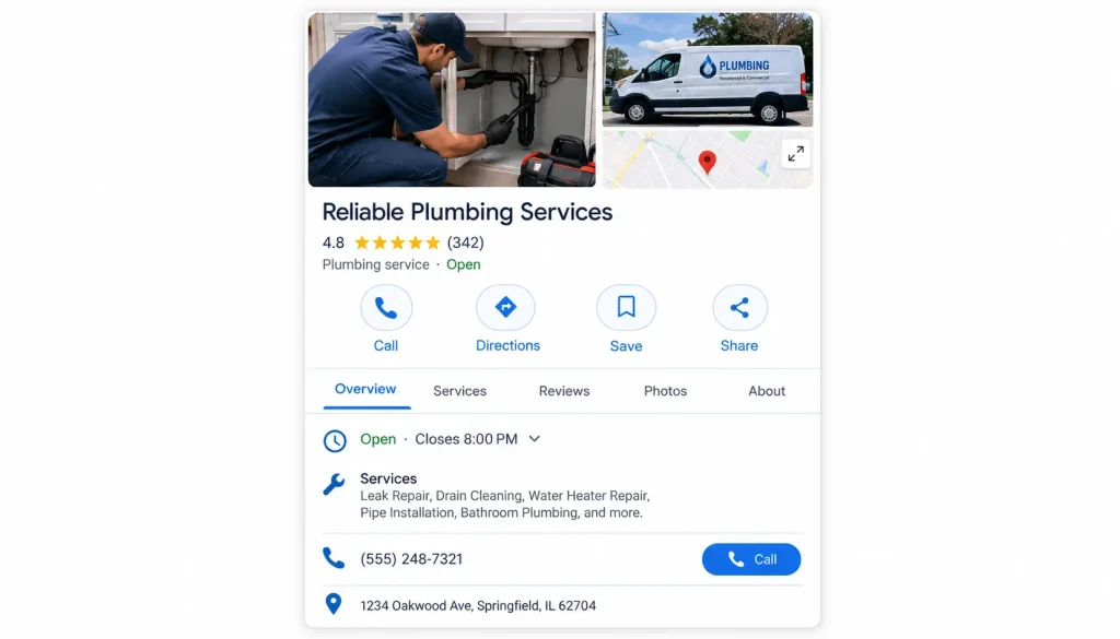 Optimized Google Business Profile for a plumbing company showing reviews, services and call button