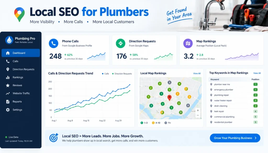 Dashboard tracking calls and rankings, proof that local SEO for plumbers drives booked jobs